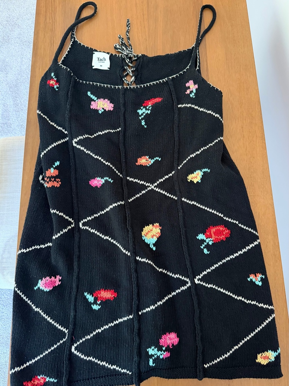 TACH Black Knit Mini Dress with Multicolor Floral Embroidery